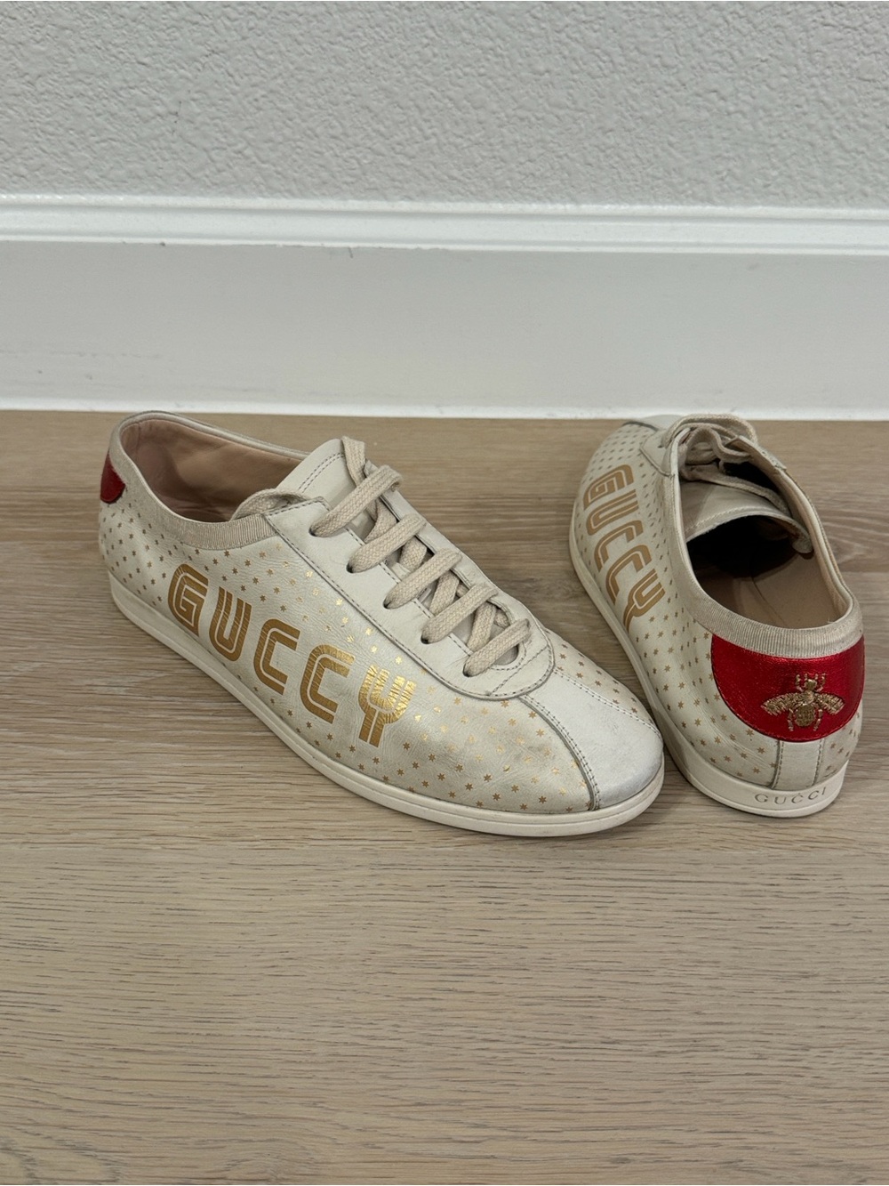 Gucci Cream Leather Sneaker with Gold Logo and Red Heel Patch